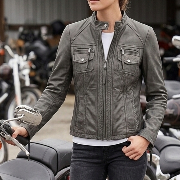 Michael Kors Jackets & Blazers - Michael Kors Leather Moto Jacket Size S Gray Genuine Leather Biker Jacket